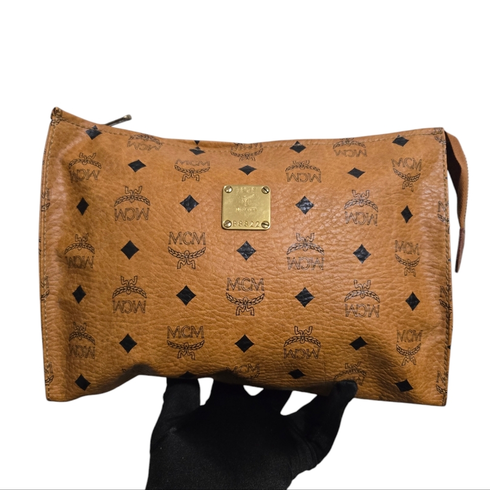 MCM Visetos Leather Vintage Clutch Hand Bag Brown